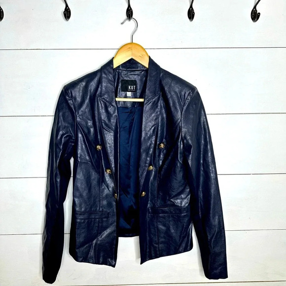 KUT FROM THE KLOTH Ciana Faux Leather Open Blazer Navy - Size Medium - Picture 1 of 7